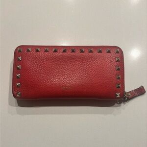 Valentino Rockstud Red Studded Zip-Around Leather Wallet